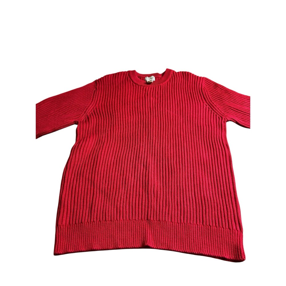 LL Bean Sweater Women's Large Red Ribbed Chunky Knit Crew Pullover Long Sleeve